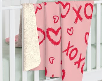 Couverture en polaire sherpa XOXO pour la Saint-Valentin - Joli jeté sur le thème de l'amour, décoration d'intérieur moelleuse et chaleureuse - Couverture de la Saint-Valentin, cadeau confortable de la Saint-Valentin,