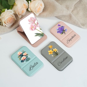 Petit miroir personnalisé, cadeau personnalisé pour femme, petit miroir fleur d'anniversaire, cadeau de proposition de demoiselle d'honneur et cadeau d'anniversaire d'un ami