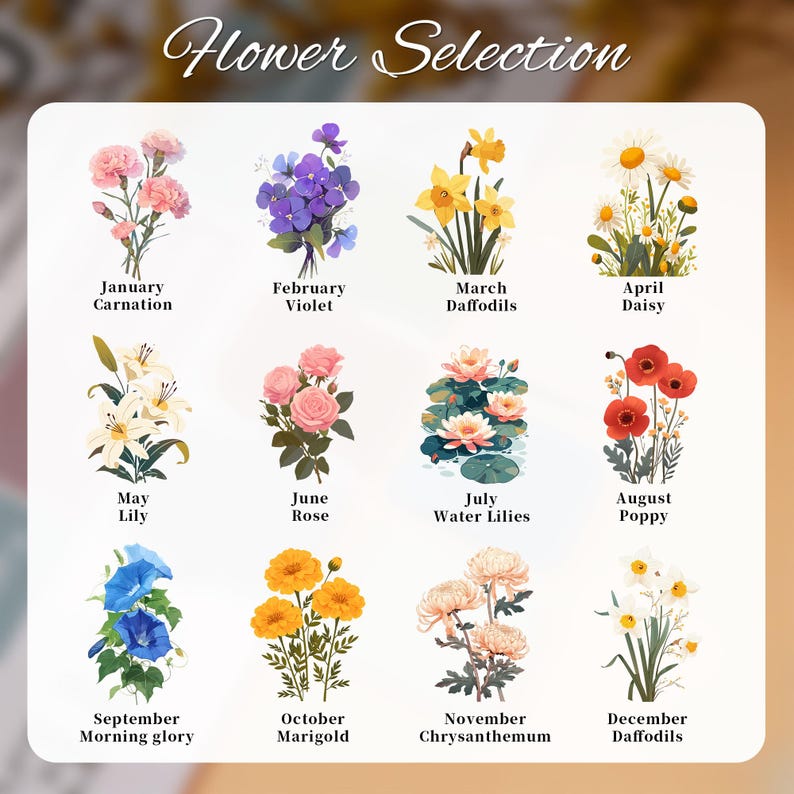 May include: A chart showing a different flower for each month of the year. The flowers are illustrated in a colorful, cartoon style. January: Carnation, February: Violet, March: Daffodils, April: Daisy, May: Lily, June: Rose, July: Water Lilies, August: Poppy, September: Morning Glory, October: Marigold, November: Chrysanthemum, December: Daffodils.