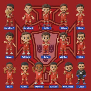 Könnte beinhalten: Eine Sammlung von fünfzehn kleinen, stilisierten Vinylfiguren, die Spieler der portugiesischen Fußballnationalmannschaft darstellen. Jede Figur trägt ein rotes Trikot mit weißen Nummern vor einem dunkelroten Hintergrund mit Wappen.