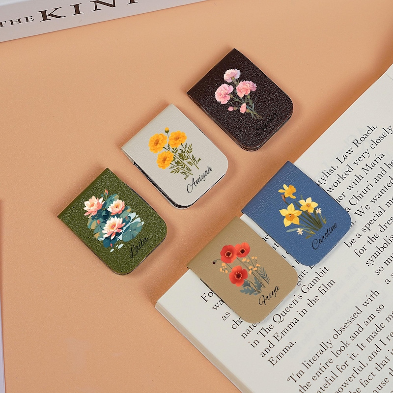 🎁 Personalized Leather Magnetic Bookmark: Birthday Flower Gift