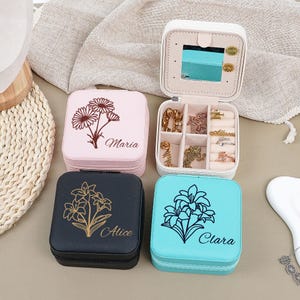 Gepersonaliseerde naamsieradendoos, geboortebloem sieraden reisdoos, sieraden opbergdoos spiegelspiegel, cadeau voor zussen, Moederdagcadeau