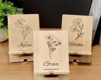 Personalized Wooden Phone Stand, Engraved Bamboo Desk Organizer