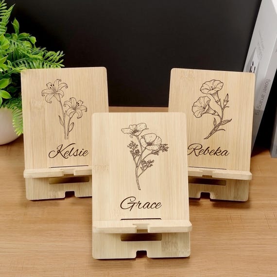 Personalized Wooden Phone Stand, Engraved Bamboo Desk Organizer