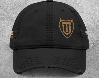 TUNE UP Monogram Distressed Hat - Vintage Black Cap with Gold Embroidery for Rock Fans, Road Dogs, and Laid-Back Legends