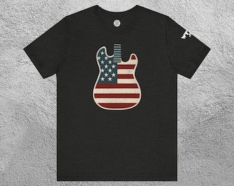 Fender Style Flag Guitar Shirt - Unisex Rock T-Shirt, American Strat Body Tee, July 4th Gift for Guitarists, Patriotic Music Gear