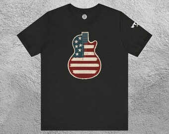 Gibson Style Flag Guitar Shirt - Unisex Rock Tee, Patriotic Musician Gift, July 4th Concert Shirt, Les Paul Body Design T-Shirt