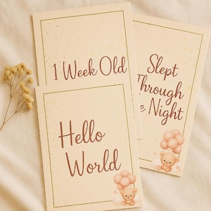 Cartes anniversaire bébé rose poudré et doré, lot de 16 accessoires photo ours aquarelle, téléchargement numérique pour des souvenirs de nouveau-né | Moment souvenir de première année