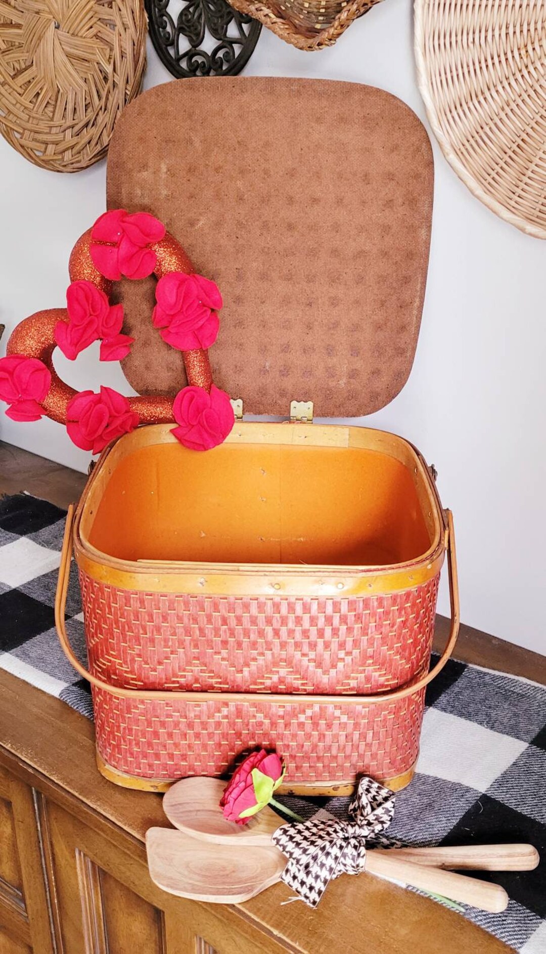 RARE Vintage W. C. Redmon Co Square Red Picnic Basket Valentine's Day