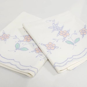 Vintage Pillowcase Set of (2) Embroidered in Periwinkle with Pink Flowers