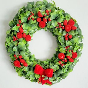 Vintage 15 Inch Plastic Wreath w/ Flocked Red Berries and Bow Kitsch, Retro, Holiday Decor