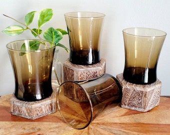 Vintage RARE Anchor Hocking Linden Mocha Brown Old Fashioned Drinking Glasses Set of (4) Cocktail Barware