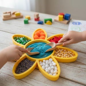 Sensorisch Dienblad Bloem – Montessori Sorteerbak Loose Parts voor Peuters – 7 Vakjes, Fijne Motoriek, Sensorisch Spel