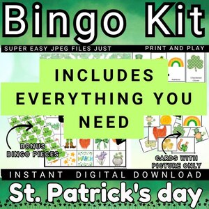 St Patrick's Day Spiele Bingo Spiel mit 30 Spielkarten, Kleeblatt Spielfiguren und Karteikarten für Grundschüler, Marsch Bingo