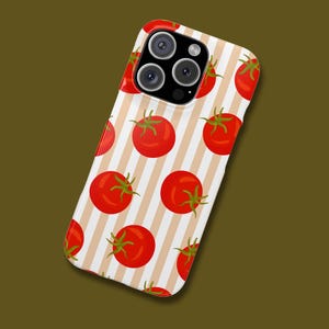 Trendy Tomate Muster Slim Handyhülle für iPhone 16, 15, 14, 13, 12, 11 und Galaxy S24, S23, S22, S21 | Essen Handyhülle