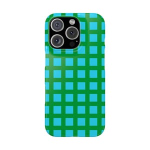 Trendy Blue and Green Grid Pattern Slim Phone Case for iPhone 16, 15, 14, 13, 12, 11 and Galaxy S24, S23, S22, S21 | Colorful Phone Case