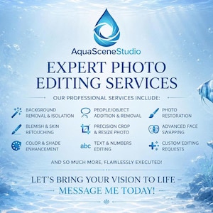 May include: An AquaSceneStudio advertisement for expert photo editing services featuring an underwater theme with coral and fish. The text lists services including background removal, blemish retouching, photo restoration, and custom editing requests.