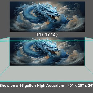 May include: A blue dragon artwork with a detailed design, set against a cloudy background. The image is displayed in a 66-gallon aquarium, measuring 40" x 20" x 20". The text "T4 (1772)" is visible above the aquarium.