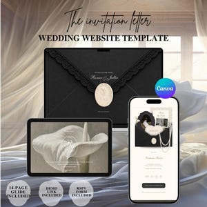Può includere: Un modello di sito web per matrimoni con una busta nera con bordo in pizzo e sigillo in ceralacca, un tablet con grafica di calla e uno smartphone con invito digitale, perle e foto. Il testo include The invitation letter.