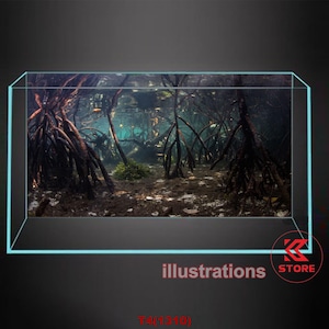 May include: A dark, underwater scene with a dense forest of mangrove roots. The roots are brown and tangled, and the water is murky. The scene is lit by a faint light from above.