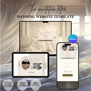 Può includere: Un modello di sito web per matrimoni visualizzato su un laptop, un tablet e uno smartphone. Il design presenta buste color crema, accenti floreali e cornici per foto. Il testo include The invitation letter, WEDDING WEBSITE TEMPLATE e 21.06.2027.