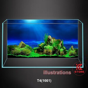 May include: An aquarium illustration with a vibrant underwater scene. The design features a blue background with light rays, a rocky landscape, and lush green plants. The text "illustrations" and "T4(1661)" are visible.