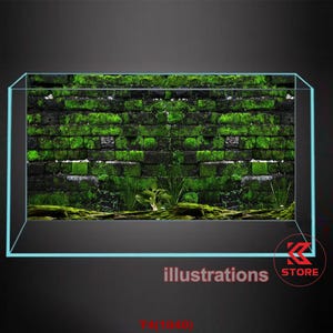 May include: A rectangular glass aquarium with a backdrop of a moss-covered brick wall. The green moss contrasts with the dark bricks, creating a naturalistic scene. The word "illustrations" is at the bottom.