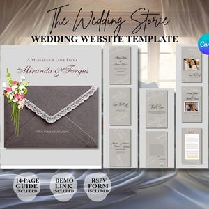 May include: A wedding website template featuring a grey envelope with lace trim and floral accents. The text reads The Wedding Storie, A Message of Love From Miranda & Fergus, Open Your Invitation, Save The Date, Thank You, and RSVP. Includes a 14-page guide.
