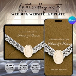 May include: A digital wedding invitation and website template displayed on a tablet and smartphone. The design features a textured brown background, white lace trim, and an oval wax seal with the initials S and T. Text includes A Message of Love From Selena & Thomas.