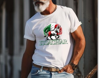 May include: White t-shirt with a green, white, and red donkey graphic and the text "ISSACHAR" printed on the front.