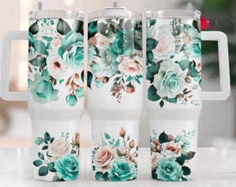 Pretty blue and cream color roses 40 oz insulated tumbler