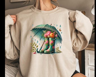 Rain boots with umbrella and flowers