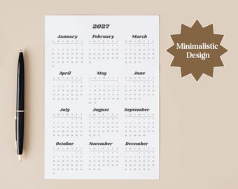2027 Year At-A-Glance Printable Calendar, Minimalist PDF, Sunday and Monday Start
