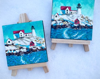 Miniature Painting • Winter Nubble Lighthouse • mini art • Snow • Maine • holiday • hand-painted • Christmas • mini easel • ocean scene