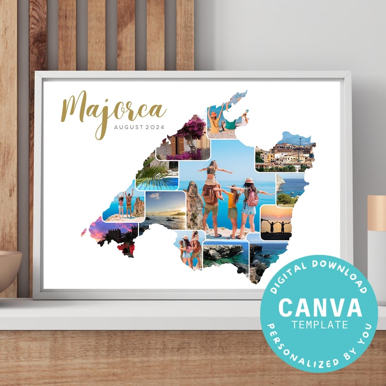 Szablon Canva jako konfigurowalny kolaż zdjęć z Majorki | Pobieranie cyfrowe | Wspomnienie z wakacji | Majorka | Baleary | Wystrój domu | Prezent zdjęcie 1