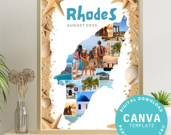 Plantilla de Canva para crear un collage de fotos personalizable de Rodas | Descarga digital | Recuerdo de vacaciones | Rodas | Grecia | Isla | Decoración de pared