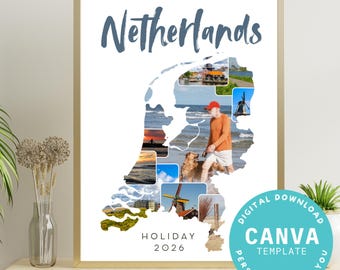 Plantilla de Canva como collage de fotos personalizable de los Países Bajos | Descarga digital | Mapa del país | Recuerdo de vacaciones personalizado | Viajes
