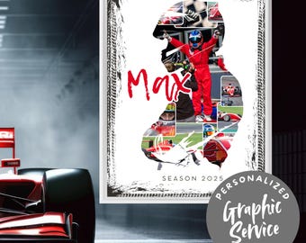 Collage fotográfico personalizado de piloto de carreras con servicio de diseño gráfico | Descarga digital como recuerdo del automovilismo y las carreras de motos