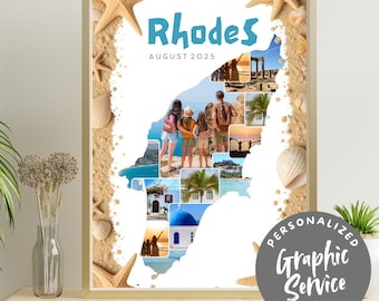 Collage fotográfico personalizado de Rodas con servicio de diseño gráfico | Descarga digital como regalo o recuerdo de tus vacaciones en Grecia.