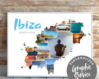Collage de fotos personalizado de Ibiza con servicio de diseño gráfico | Descarga digital como regalo o recuerdo de tus vacaciones en las Islas Baleares