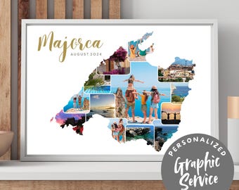 Collage de fotos personalizado de Mallorca con servicio de diseño gráfico | Descarga digital como regalo o recuerdo de tus vacaciones en Mallorca.