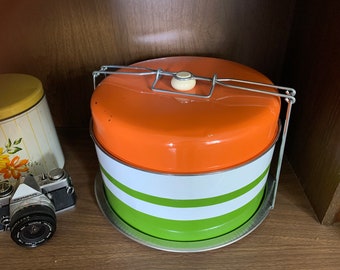 3-TIER 70s VINTAGE CAKE CARRiER-amazing shape ORANGe GREeN