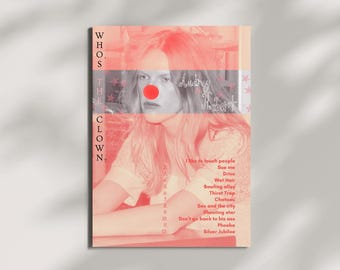 May include: A rectangular poster featuring a monochromatic portrait of a person with a red circle over their nose. The text reads "WHOS THE CLOWN," "Audrey Hebert," and a numbered tracklist from 1 to 12 including "I like to touch people" and "Silver Jubilee."