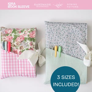 May include: Two fabric book sleeves with pockets, one with a pink gingham pocket and floral print, the other with a green and white gingham pocket and floral print. The text "IORA BOOK SLEEVE" and "3 SIZES INCLUDED!" are visible.