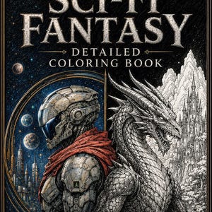 May include: A coloring book titled SCI-FI FANTASY DETAILED COLORING BOOK with 100 pages of intricate sci-fi and fantasy art. The cover features a futuristic armored figure in space and a detailed dragon next to a castle in a black frame.