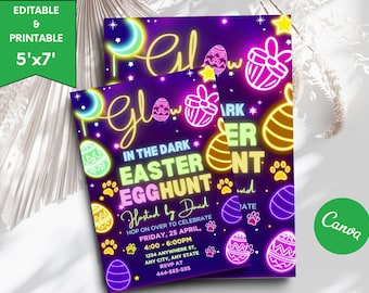 Bewerkbare uitnodiging paaseieren zoeken neon paaseieren jagen partij neon gloed kinderen paaseieren jagen partij Glow in the Dark uitnodigen direct downloaden