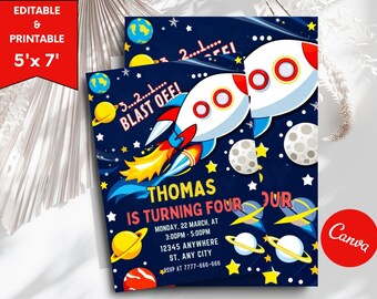 Invitación de cumpleaños del espacio exterior Planetas Cohete Astronauta Invitación Galaxia Despegue Sistema solar Digital Editable Descargar Imprimible