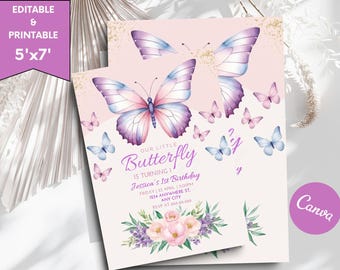 Butterfly Birthday Invitation, Butterfly Birthday party evite, Editable purple butterfly party invitation template