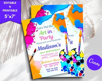 Invitación de cumpleaños para pintar, invitación para pintar y celebrar, invitación de cumpleaños de un artista de pintura artística, fiesta de arte, plantilla editable de Canva