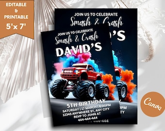 Monster Truck Birthday Invite Monster Truck Party Monster Invitation Invitation For Boys Printable Birthday Invite Editable Invites